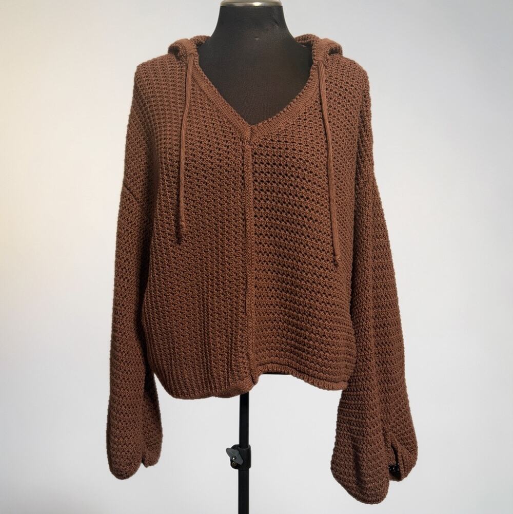 POL Brown Crochet Open Knit Hooded Sweater Medium Boho Bell Sleeve